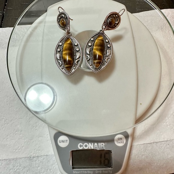 Sterling Silver Native Tiger's Eye Drop Earrings - Gold Brown Gemstones vintage - Picture 6 of 7